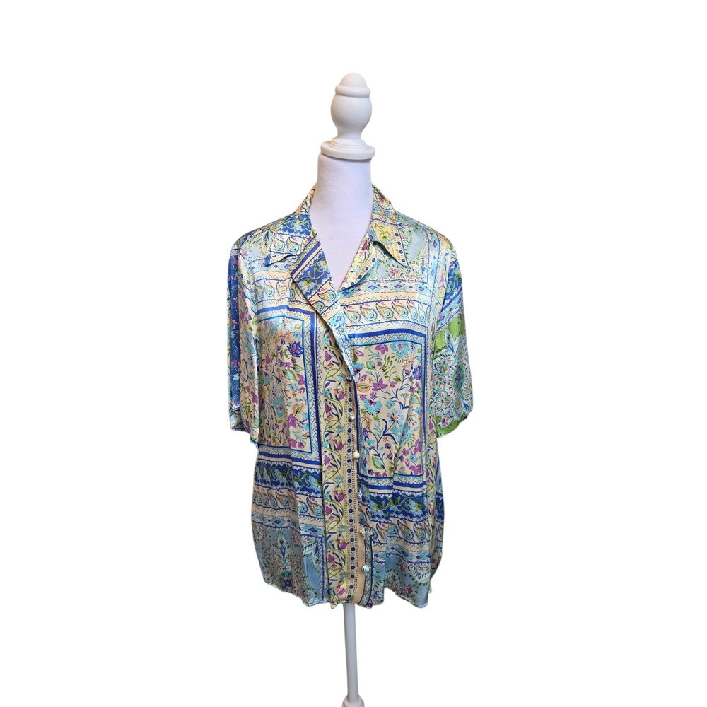 Zara Floral Paisley Print Satin Tie Waist Blouse Blue Yellow Large 3198/248 - Picture 5 of 9